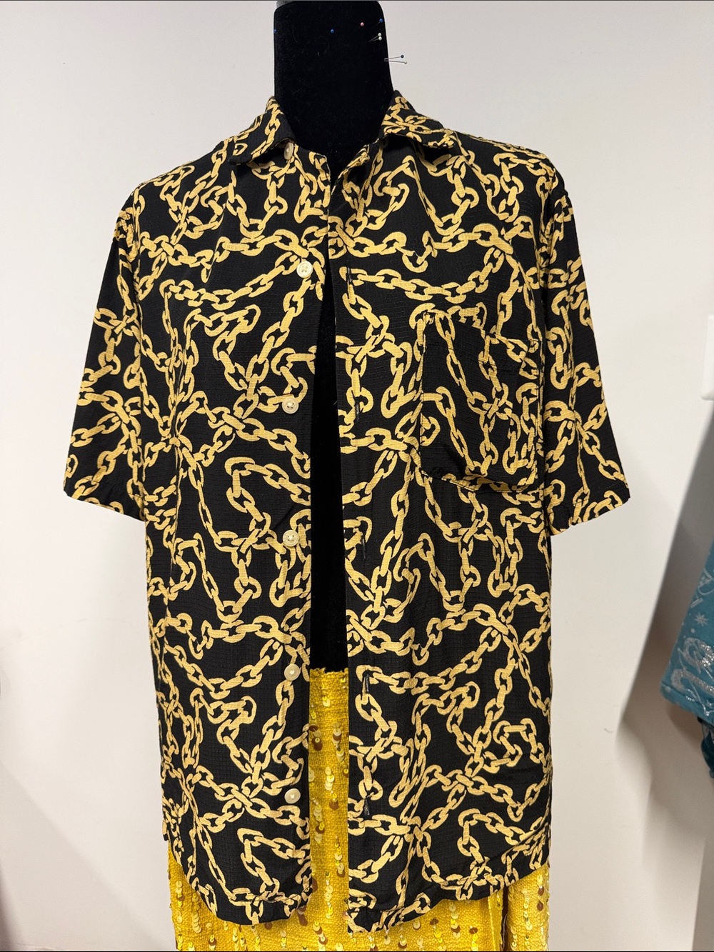 All Saints Black Button-Down Shirt with Tan/Gold Chain Print